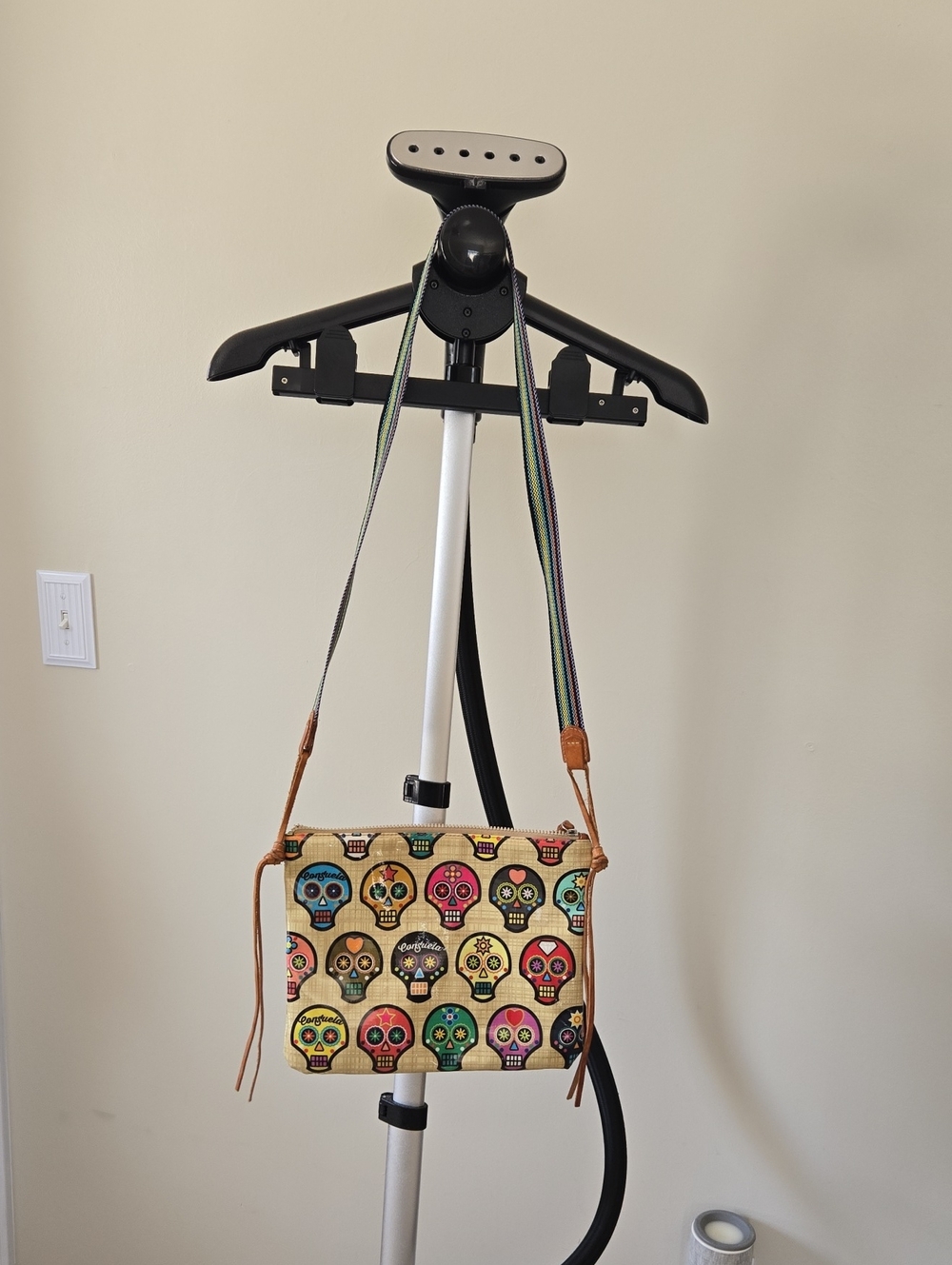 Consuela Tan Crossbody with Multicolor Sugar Skulls